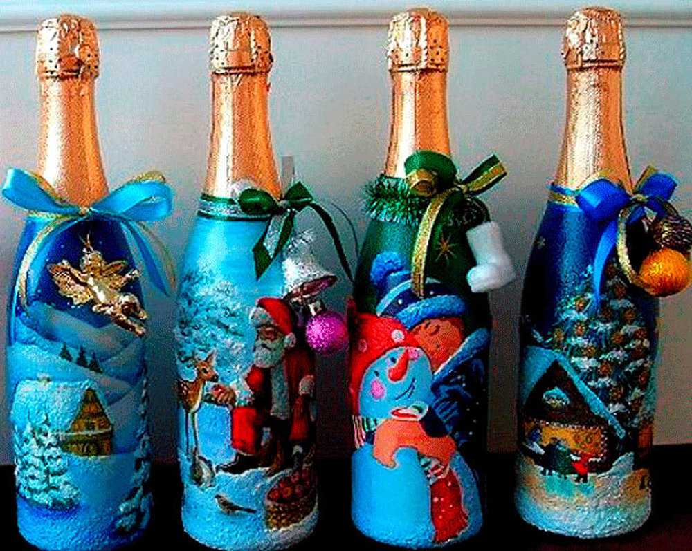 Декупаж бутылки шампанского на новый год: как своими руками сделать декор для бутылки